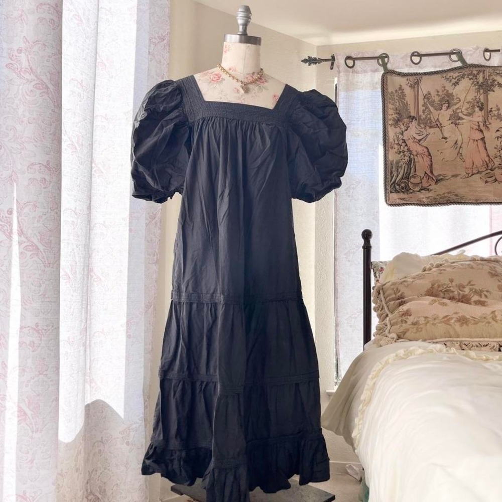 Anthropologie Love the Label Black Puff-Sleeve Tiered Midi Dress